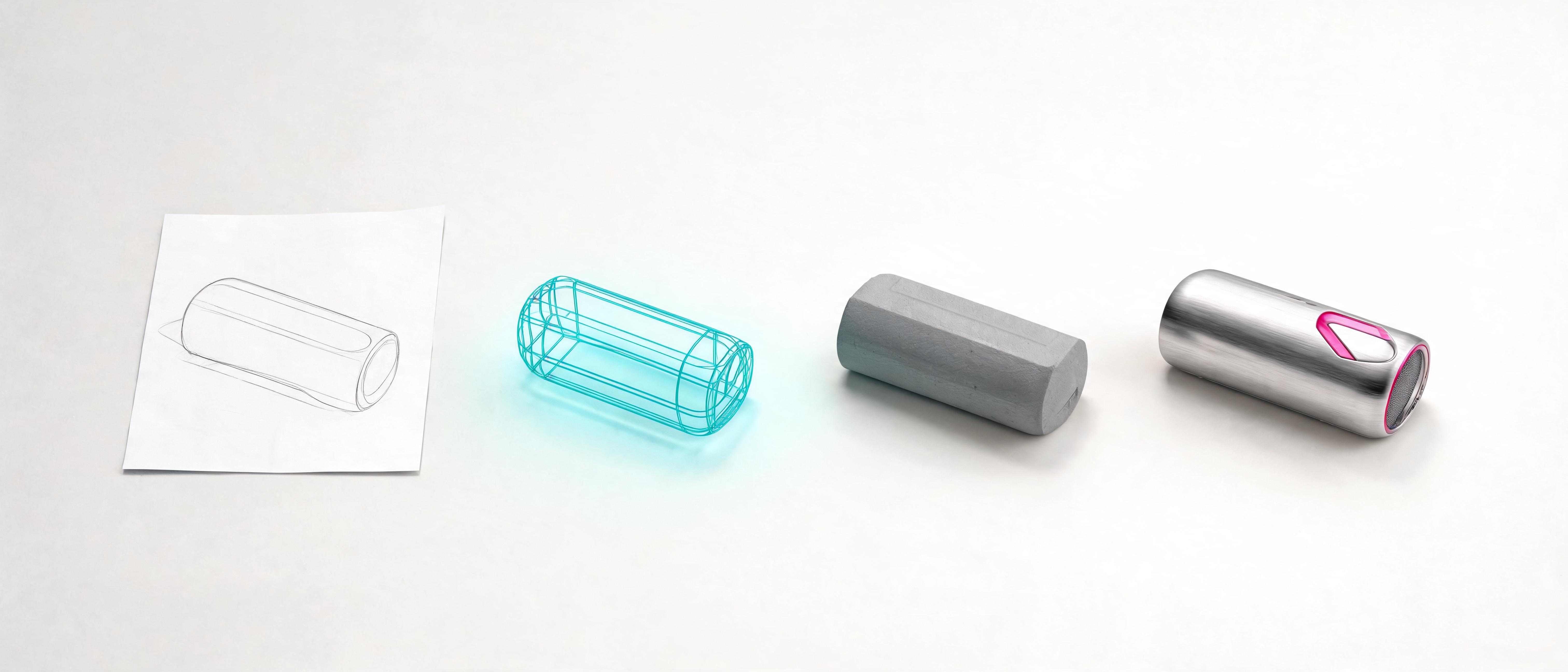 Sketch, CAD wireframe, prototype and finished product in a row